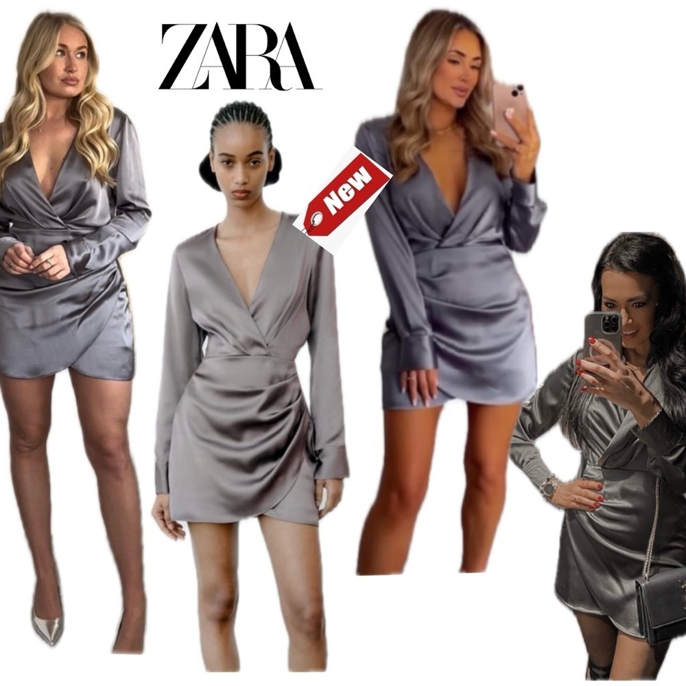 Zara Charcoal Gray satin effect long sleeve wrap mini dress L NWT bloggers fave